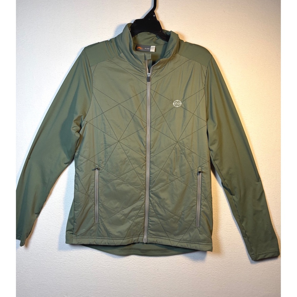 KJUS Full Zip Jacket Mens 50 M Olive Green Excellent Geometric Quilt Golf Layer